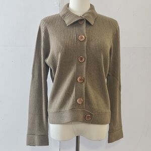 Talbots Size M Khaki Wool Cotton Button Up Collared Ribbed Knit Women's Cardigan